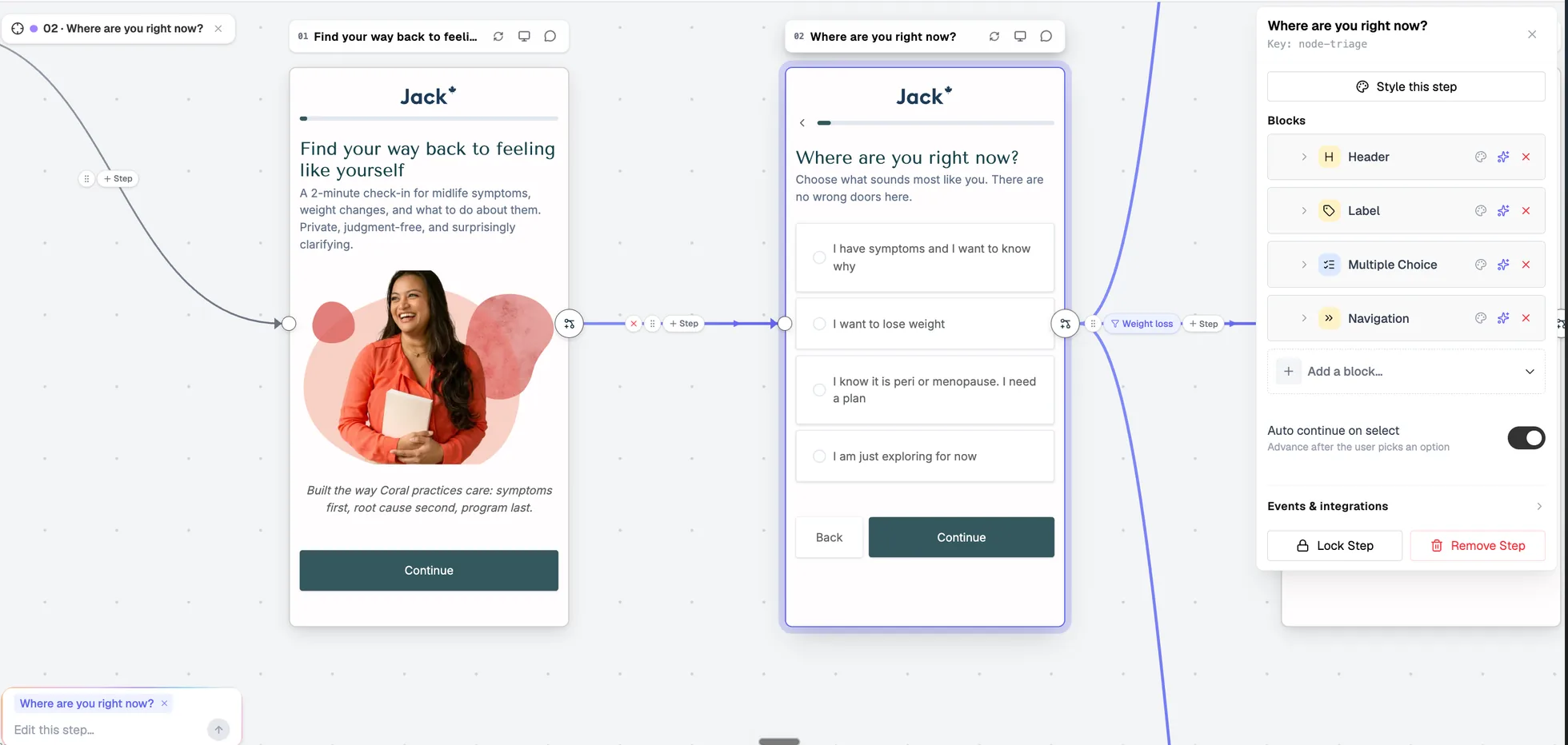 Two patient steps on the builder canvas with the selected step's blocks panel open beside them