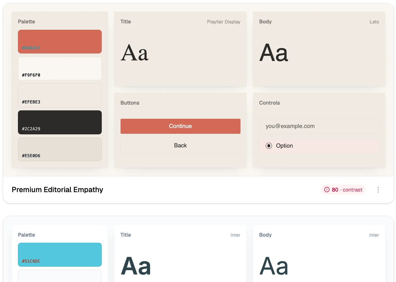 A second design system with a different palette and typeface, the same components underneath