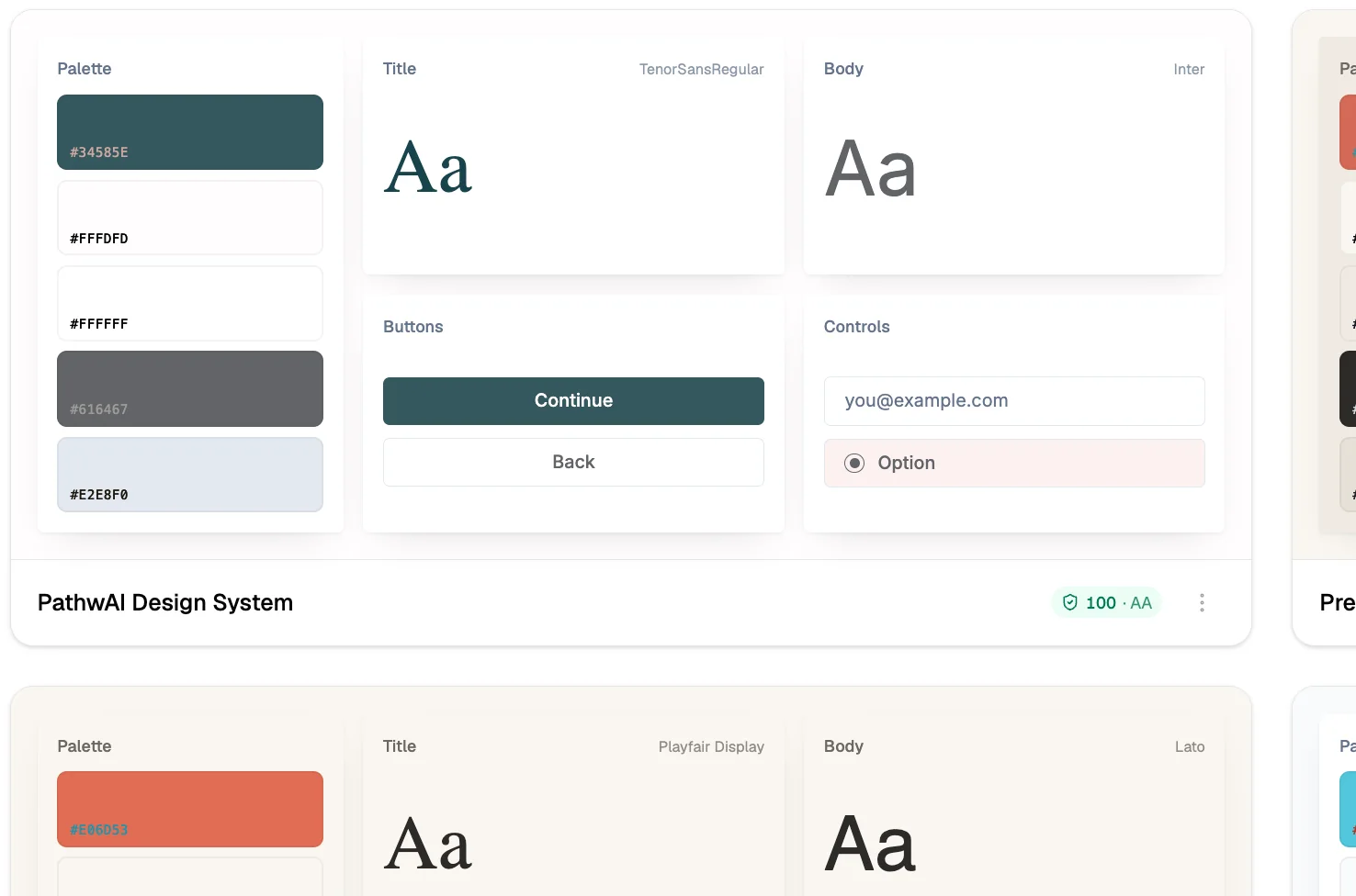 A design system in PathwAI: colour palette with hex values, title and body type, buttons, and form controls