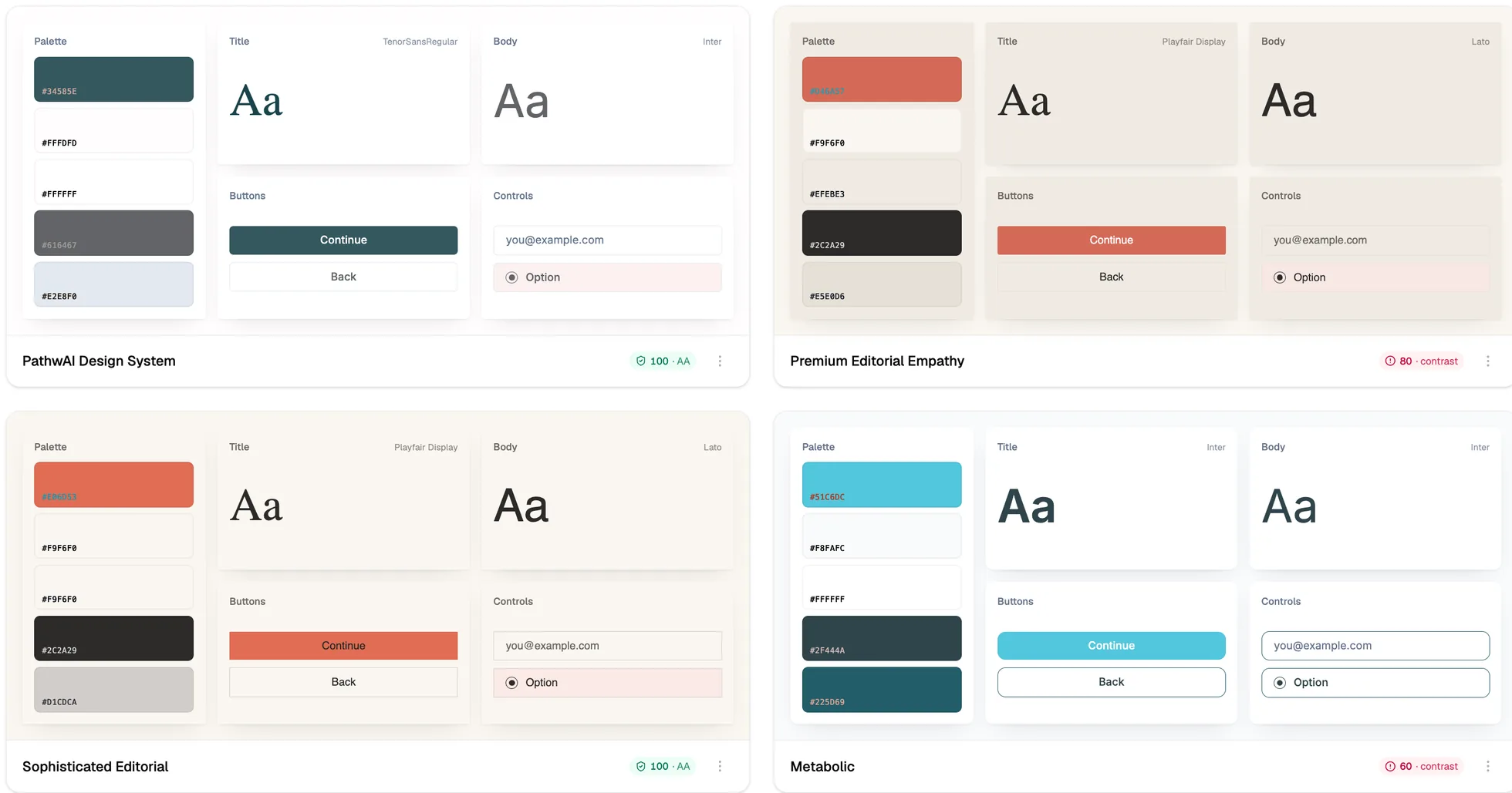 PathwAI design systems side by side, each with its palette, type scale, buttons, and form controls